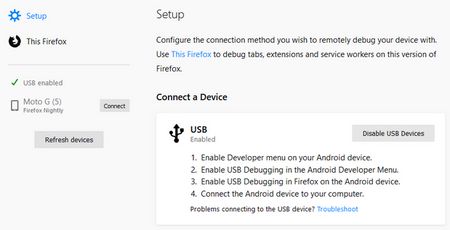 Exemplo de seleção de dispositivo do Navegador Firefox Developer Edition